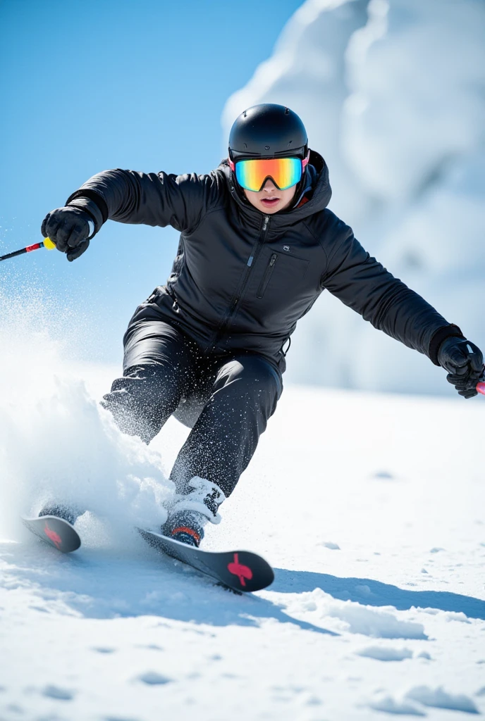 (a professional skier in a dynamic skiing pose,skiing at high speed down a snowy mountain slope,beautiful detailed eyes,beautiful detailed lips,extremely detailed face and body,athletic build,competitive expression,high performance ski gear,streamlined ski suit,ski goggles,ski helmet,ski poles,fast motion,blurred background,white snow,blue sky,sharp focus,realistic,photorealistic,photo-realistic:1.37,best quality,4k,8k,highres,masterpiece:1.2,ultra-detailed,physically-based rendering,extreme detail description,professional,vivid colors,bokeh,action sports,adventure photography,winter sports,high contrast lighting,shadows,reflections)