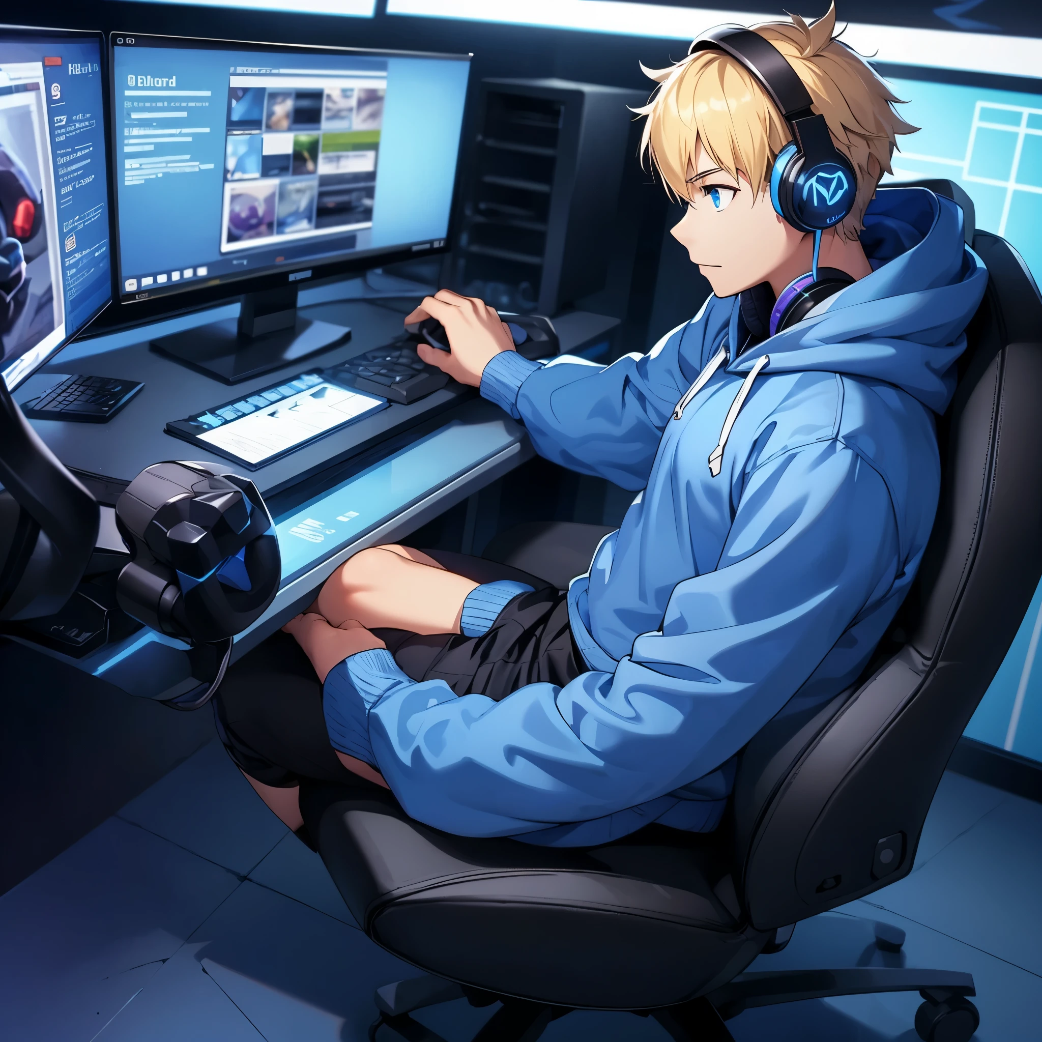 A blond-haired boy with blue eyes working at a gaming PC on a table, shown in side profile. He’s wearing large headphones and a blue hoodie.