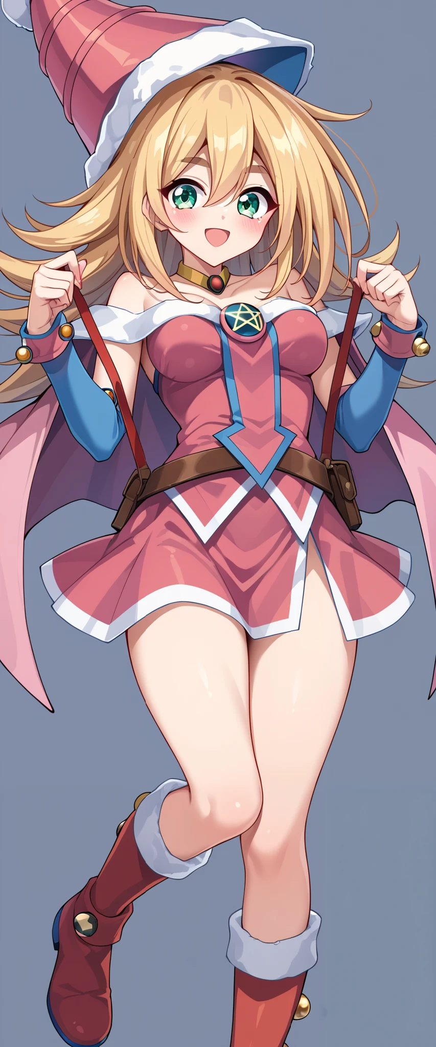 (UHD, best quality, highres icon), 1girl, dark Magician girls. long rubio fluffy hair pulling a sled, Thick eyebrows, smile, Santa clothes in a mini skirt , carrying a white bag , RED BOOTS BREAK SHEEP, ソリを引いている