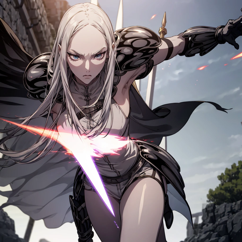 a calm and powerful warrior with long silver hair. She wields an elegant, glowing sword in her right hand, slashing through the air at blinding speed, with streaks of light and energy surrounding her blade. Her left arm is missing, symbolizing her sacrifice and wisdom. Irene's armor is sleek and silver, adorned with subtle ornate details, and a flowing white cape trails behind her, fluttering in an ethereal breeze. The background is a mystical forest clearing bathed in moonlight, with glowing particles and faint mystical glyphs floating around her. The overall tone is serene yet intense, capturing her stoic demeanor and her mastery of the 'Quick Sword' technique