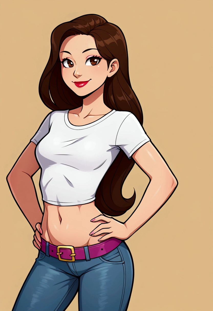 Asian woman, long hair, solo, wearing lipstick, small white t-shirt, crop top, jeans, belt, midriff, navel, groin, smile, hands on hips