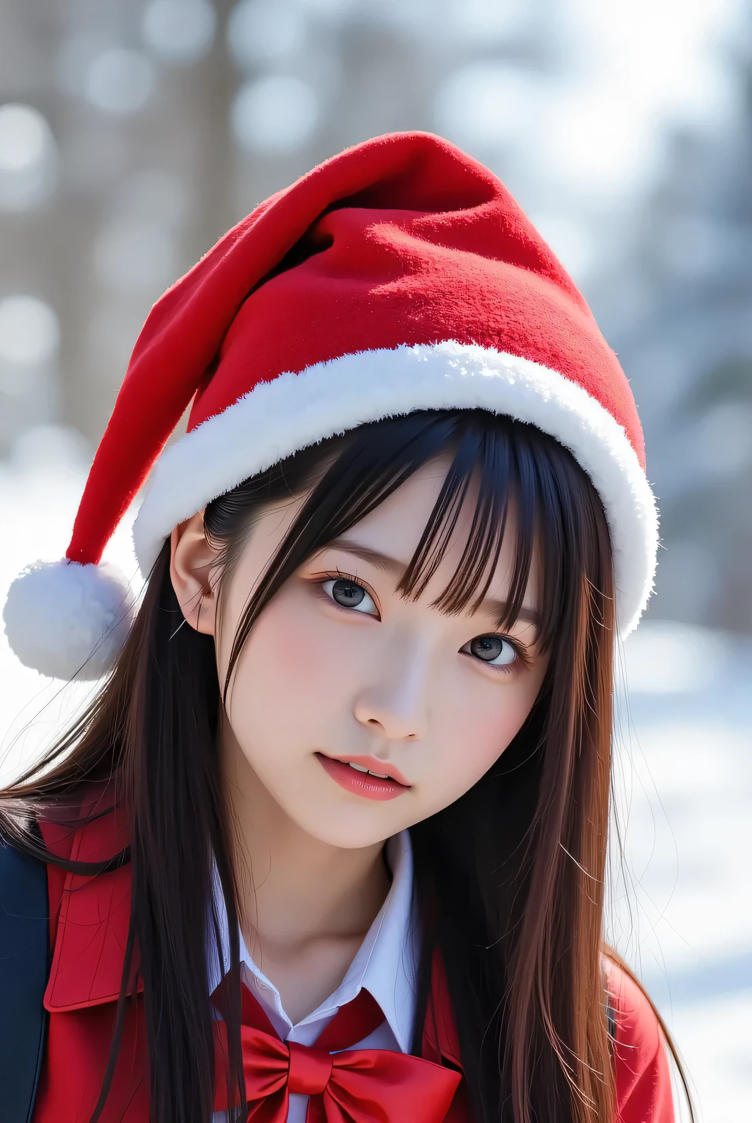  super real ,  Photorealistic ,  she looks so happy , shadow, Global Illumination,  Documentary Photos, alone, ( famous teenage Japanese idol girl ), So beautiful fragile Japanese girl, So beautiful、 a very cute but cool face like a boy , Detailed facial skin texture,  dynamic angle , ( A brick factory wearing a brick factory  , Red Ribbon:1.3),  Santa Claus hat ,  hair fluttering in the wind, (  She acrobates her snowmobile at high speed to deliver Christmas gift boxes :1.5),  in a driveway in a scenic spot in the mountains ,  a Japanese girl with amazing high-speed driving techniques ,  acrobatic poses ,  dynamic angle ,  spectacular , Agile Movement, Sharp turns, ( very big breasts),  Yamaha snowmobiles are decorated with Christmas decorations , ( What is behind the snowmobile Comes with a large sleigh full of decorated Christmas gift boxes and a large Christmas tree:1.5), ( she looks so happy , Happy smile:1.5), (Shadow shot from behind:1.3),  Staring at the viewer 