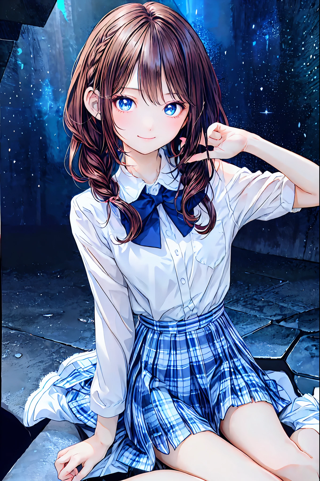 ( s), top quality, Beautiful Faces in Every Detail ,cute, dark brown eyes,(背の低いcute女の子,Young student,Young and delicate girl),(masterpiece, top quality), black hair, sleepy look after intercourse, short-sleeved white shirt ,Checkered white skirt,Pathetic,Pathetic,Pathetic, brown hair , shortcut, messy hair, short braided hair,Neat, slender beauty,Dignified posture, small breasts, beautiful legs with tails, Her enchanting gray-blue eyes sparkle like stars, bright color, beautiful eyes ,A delicate smile,textured skin, top qualityを誇る, gentle and beautiful woman , Anime Style 、