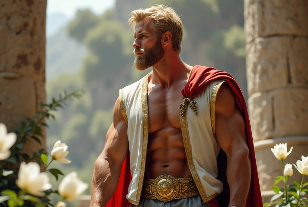 ((artwork)) ((body completo)) ((Full body inside the image)) ((30 year old man)) body: brownish skin, high, muscular, ((hairy chest)) ((platinum ruby hair)) male face, barbarian, pretty eyes, detailed eyes ((gold eyes)). Expression: seductive, sonrisa seductive. CLOTHES: Red Greek Cape, TOGA BLANCA, gold ornaments, greek prince ornaments. pose: dynamic. scene: greek temple, Greek columns. Decor: winter, Decor de winter brillante, wonderful lighting.