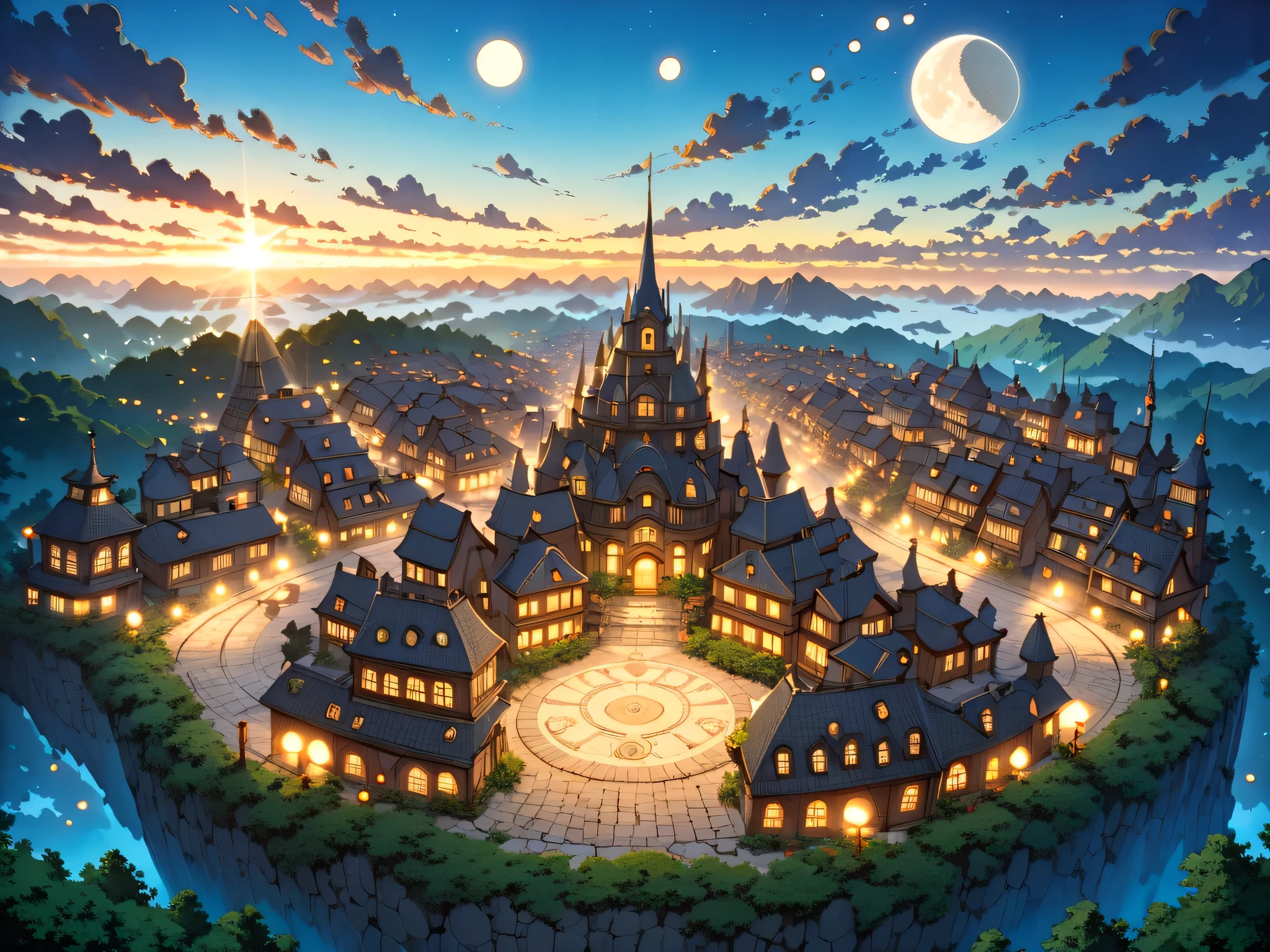 (masterpiece, ultra detailed, top quality), (Studio Ghibli, cel shading anime, PEAnimeBG), (many big moons:1.6), (fantasy town:1.4), distant night view from above.