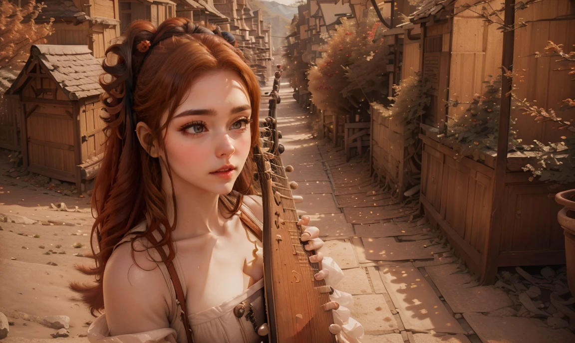 fantasy, realistic. close up. ((red-haired:1.5)), ((one classy stunning gorgeous female high-class bard:1.5)), ((light brown eyes:1.5)), happy, wearing expensive feminine clothing, carrying a lyre, ((looking straight ahead at the camera:1.5)), colorful village background.