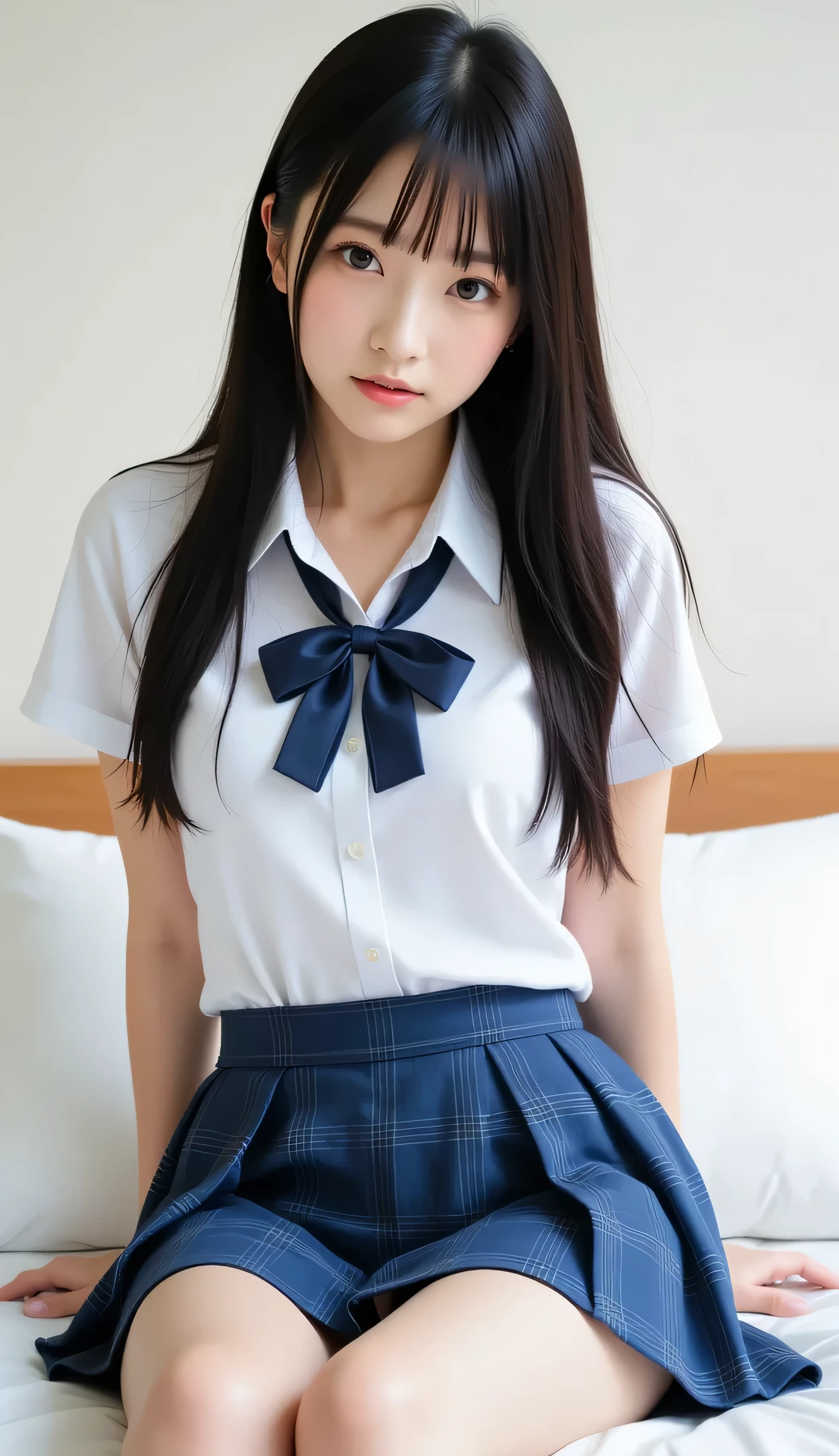 Alone、natural body shape、  white skin、 natural cosmetics  、  black hair、bangs、  long straight hair、、(expensive  、barefoot、  white blouse 、 blue plaid pleated skirt to cover white pants)、、(  open legs:1.3)、((The upper body is wearing a uniform))、((((( camera )))))、(((whole body)))、((( Beautiful Eyes That Show Thighs   )))、bedroom、  on the bed、  behind your butt、((  focuses on the crotch))