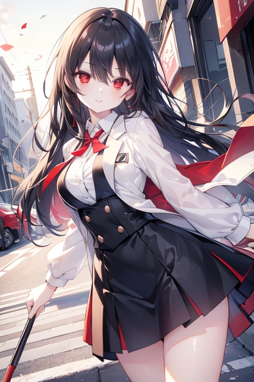 Girl with very long curly black hair, red eyes, BROWN SKIN , big breasts, thin waist, big hips, open white blouse, black school skirt , black stockings, black backpack, rain.