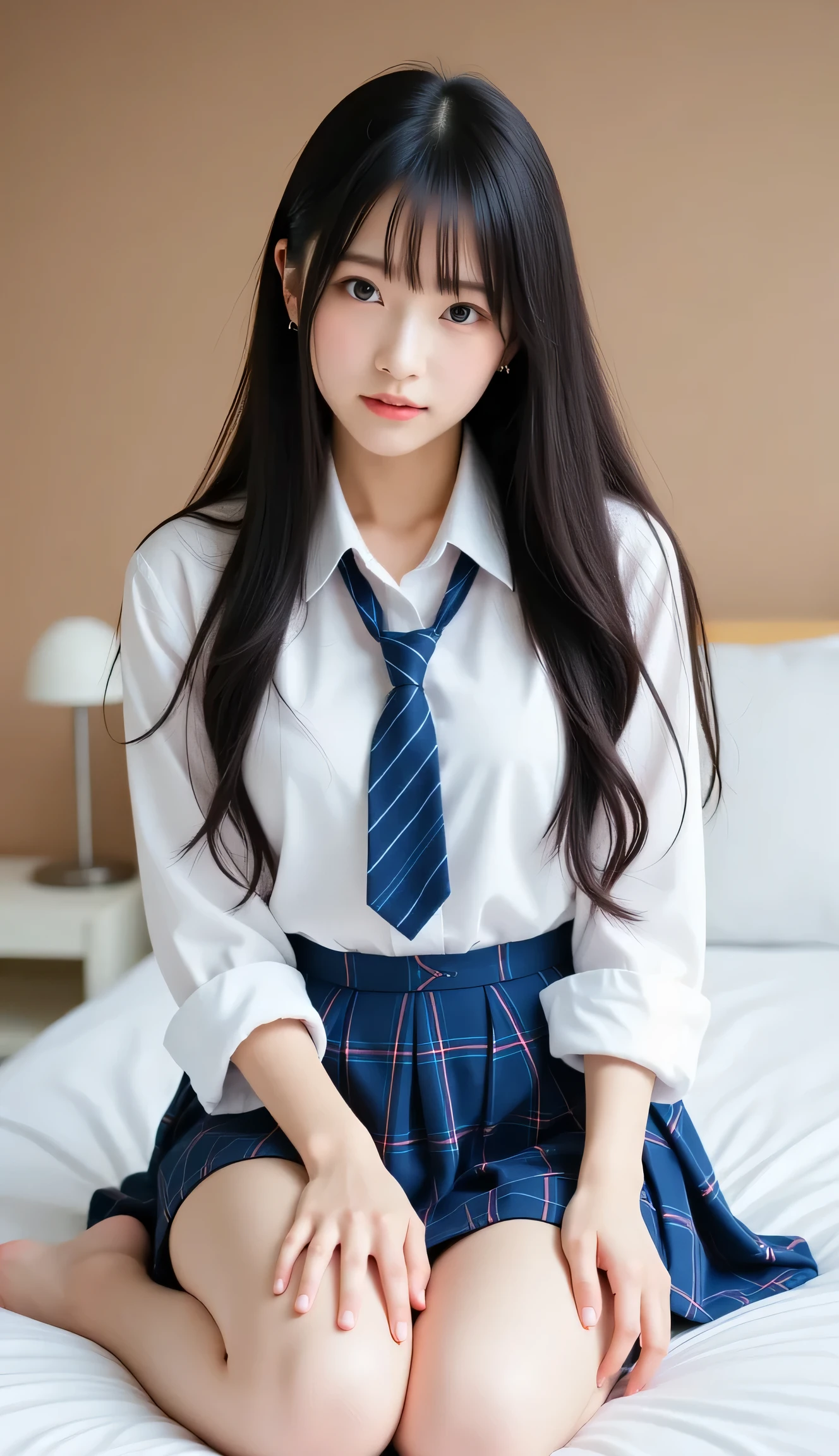 Alone、natural body shape、  white skin、 natural cosmetics  、  black hair、bangs、  long straight hair、、(expensive  、barefoot、  white blouse 、 blue plaid pleated skirt to cover white pants)、、(  open legs:1.3)、((The upper body is wearing a uniform))、((((( camera )))))、(((whole body)))、((( Beautiful Eyes That Show Thighs   )))、bedroom、  on the bed、  behind your butt、((  focuses on the crotch))