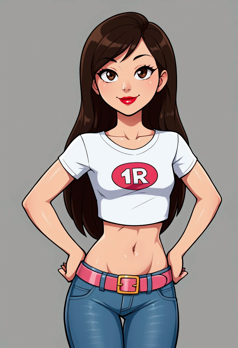 Asian woman, long hair, solo, wearing lipstick, small white t-shirt, crop top, jeans, belt, midriff, navel, groin, smile, hands on hips