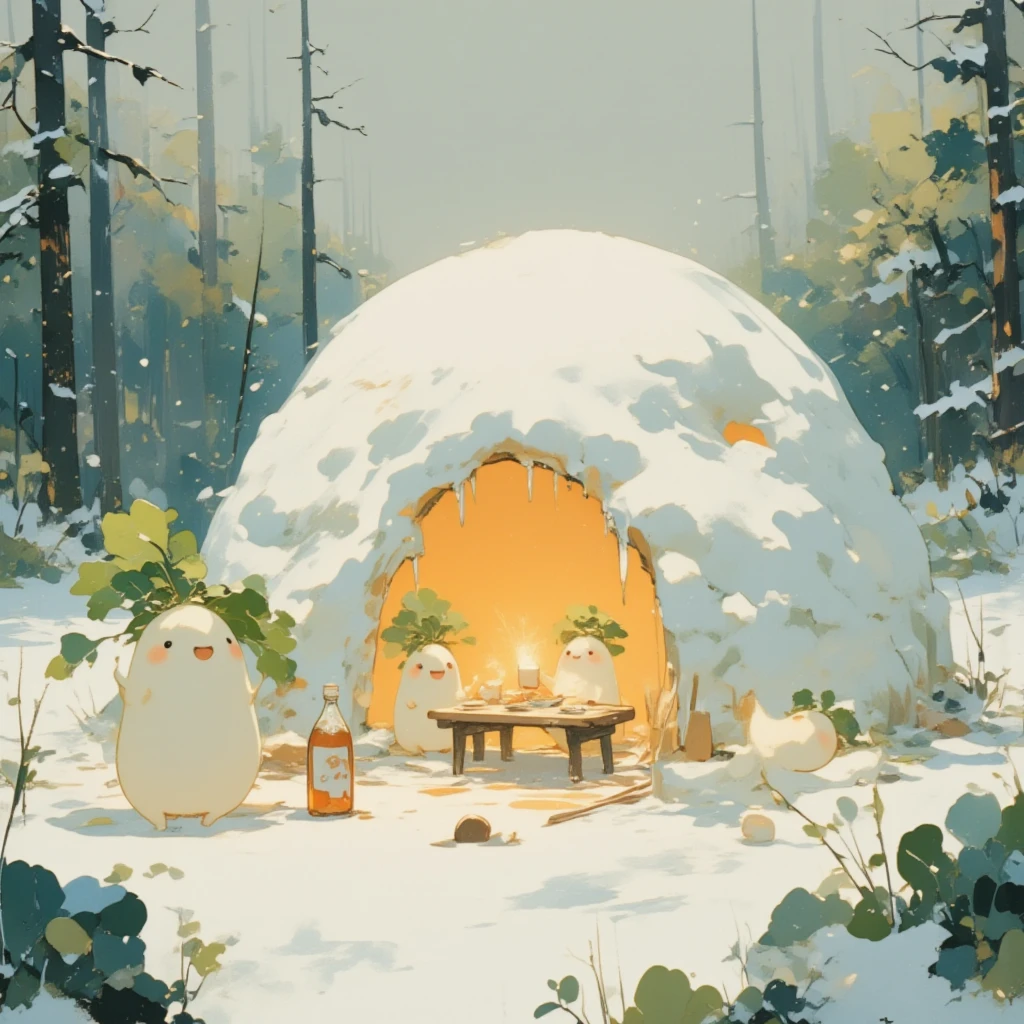 A whimsical winter scene featuring a completed kamakura (traditional Japanese igloo) made of snow, glowing warmly from the inside, surrounded by a serene snowy landscape with a light snowfall. In the foreground, three anthropomorphic daikon (radish characters) are inside the kamakura, sitting around a small wooden table and enjoying sake together. Each daikon holds a tiny sake cup, while a bottle of sake and plates of snacks rest on the table. One daikon raises its cup in a cheerful toast, another leans back laughing, and the third sits calmly, sipping its sake. The soft orange glow of the interior creates a cozy contrast against the cold white snow outside. Outside the kamakura, footprints and small wooden shovels hint at the daikon characters' hard work. The surrounding forest, with tall trees dusted in snow, frames the scene, adding depth and a sense of tranquility. Snowflakes gently fall, and icicles hang from the edge of the kamakura's entrance, completing the magical and heartwarming atmosphere.