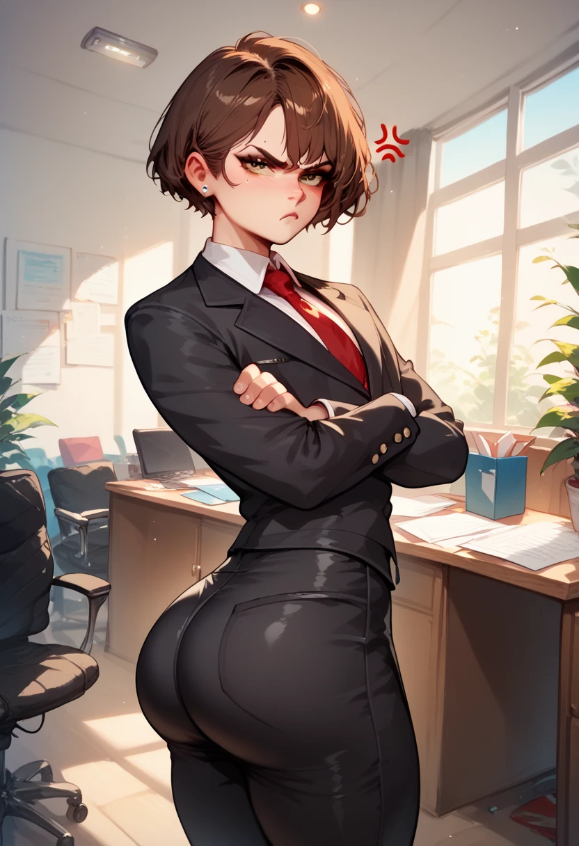 Femboy, short brown hair, big butt, black office costume, black jacket, red tie, black pants, annoyed, crossed arms, looking at user, front look, living room, solo