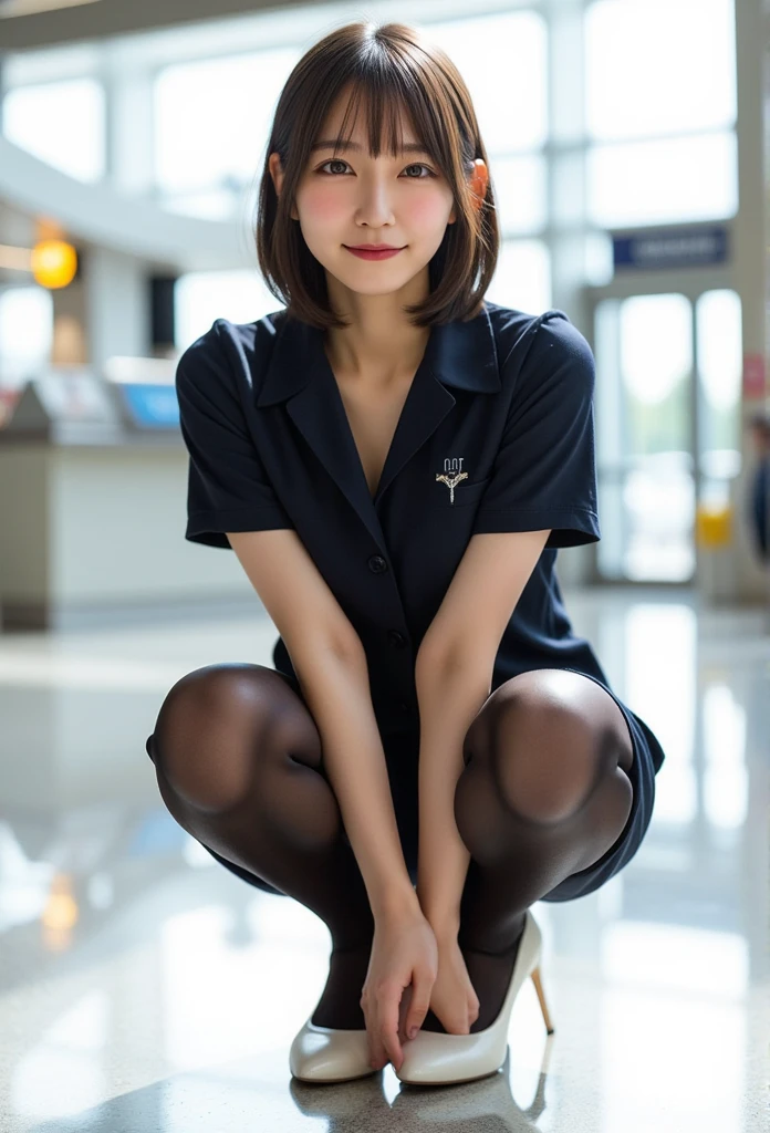 Face the front of your body at the camera:1.8, Composition looking up from below:1.8, pantie shot:1.8, Stewardess uniform:1.8, a miniskirt, white  panties:1.5, Panties look bright:1.3, Dress reliably:1.8, Passengers on board:1.5, Bend your knees and squat down to show off your panties:1.5, Dressing:1.8, Smiling smile:1.3, 1girl in, 独奏, 18year old, 7headed body, Ideal ratio body proportions, erectile ??????, short-hair, A dark-haired, With bangs, small ????, A slender, Small ????????, beauty legs, Skinny Legs, surrealism, Cinematic lighting, depth of fields, One-person viewpoint, F/1.8, 135 mm, nffsw, masutepiece, ccurate, ((Anatomically correct:1.3)), Textured skin, Super Detail, high details, High quality, awardwinning, Best Quality, hight resolution, 8K