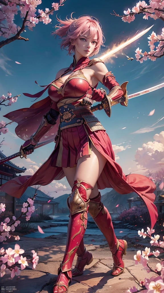 (RAW shooting,  Photorealistic:1.5, 8k,  top quality, masterpiece,  super high resolution ),(((  perfect dynamic configuration :1.2, Midnight, fight:1.2, Sengoku,   battles burning everywhere :1.3))), Highly Detailed Skin and Face Textures :1.2,  ((( Sexy Female Warrior Holding a Big Sword :1.3))),  beautifully refined :1.2,  SEXY BEAUTY ,  perfect style, belief,   white skin,  very beautiful face , (Big Breasts, Chest gap), Perfect means, perfect hand,   perfect leg, ( embarrassed smile ,  Your expression when you feel intense caress,  Expression When Feeling Pleasure), ( Sexy Warrior Battle Wearing Armor  :1.2,  Off Shoulder:1.1), ( beautiful blue eyes,  Beautiful Eros Eyes :0.8), (Overly sensual:0.9,  seductive :0.9),   full body shot、nsfw、((realistic))、((very short hair))、((Hot pink hair ))、((toned body))、(glistening skin)、 toned body、((huge breasts))、Big Breasts、 plump thighs、 red armor with a plum blossom pattern engraved on it 、(  wearing a plum blossom patterned cape )、(chiffon skirt)、Red shin guard with plum blossom engraved on it 、 red high-leg underwear 、 pink tights that make you have huge breasts、 absolute domain、(holding spear)、Dramatic lighting、((Clear Sky Thunderbolt))、((Plum blossoms are dancing ))、(( Plum blossoms in full bloom in the background ))、(( Large plum blossoms in full bloom on the front ))、 cinema-like scene 、 Max Image、 Ultra High Definition、8k、masterpiece、crisp quality、