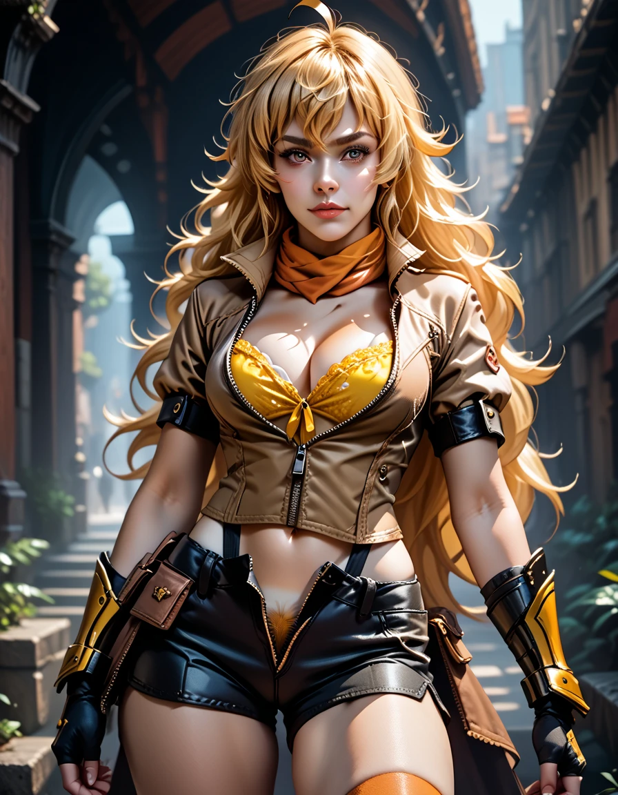 (Yang Xiao Long) from "RWBY", rwbyyangs1, brown jacket, short sleeves, vambraces, black gloves, fingerless gloves, (unzipped black shorts:1.42), ((yellow pubic hair peeks out)), orange thighhighs, single thighhigh, orange scarf, (tan lines:1.32), midriff, cleavage, realistic, photorealistic, intricate_details_xl 