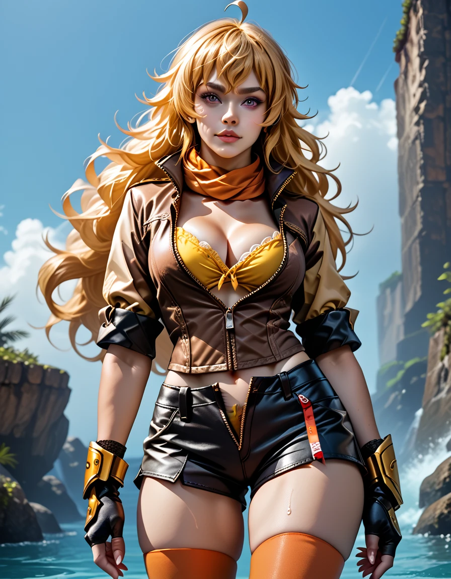 (Yang Xiao Long) from "RWBY", rwbyyangs1, brown jacket, short sleeves, vambraces, black gloves, fingerless gloves, (unzipped black shorts:1.42), ((yellow pubic hair peeks out)), orange thighhighs, single thighhigh, orange scarf, (tan lines:1.32), midriff, cleavage, realistic, photorealistic, intricate_details_xl 