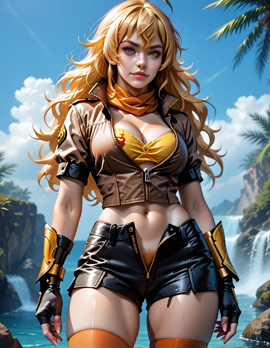 (Yang Xiao Long) from "RWBY", rwbyyangs1, brown jacket, short sleeves, vambraces, black gloves, fingerless gloves, (unzipped black shorts:1.42), ((yellow pubic hair peeks out)), orange thighhighs, single thighhigh, orange scarf, (tan lines:1.32), midriff, cleavage, realistic, photorealistic, intricate_details_xl 