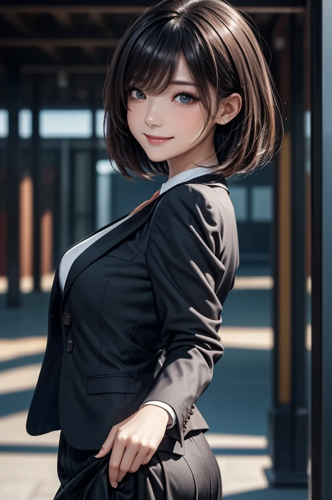 (masterpiece:1.2), high quality, high resolution, ultra detailed, 4K, 8K, illustrative realism, dynamic lighting, A woman standing in a fashion model stance, angle from a diagonal, cowboy shot, looking at viewer, (detailed beautiful face), (detailed beautiful eyes:1.2), black eyes, narrow eyes, straight bob hair, black hair, detailed hair, asymmetrical bangs, smile, blush, medium breasts, shiny skin, suit jacket, shirt, black medium skirt, high heels,