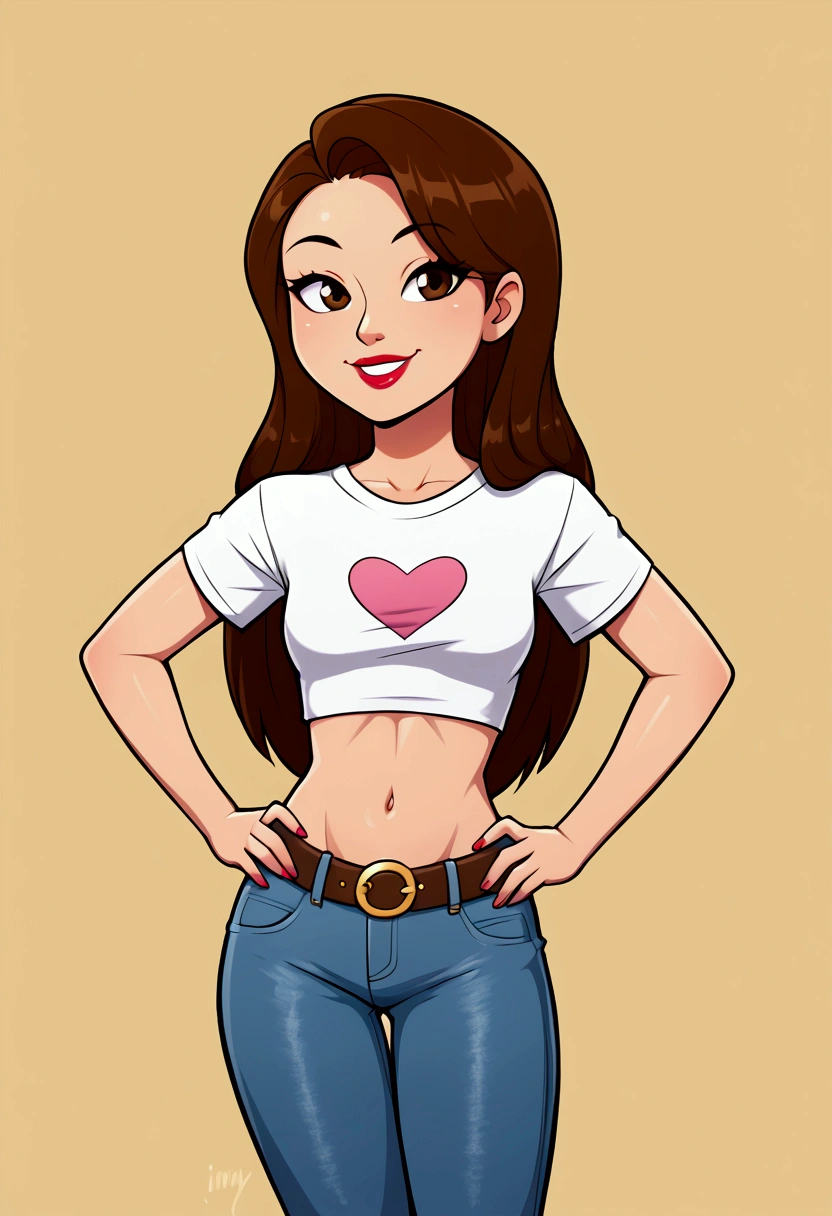 Asian woman, long hair, solo, wearing lipstick, small white t-shirt, crop top, jeans, belt, midriff, navel, groin, smile, hands on hips