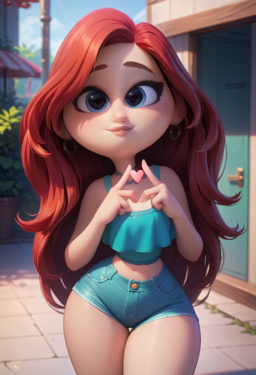 Chelsea, 1 girl, standing alone, jewerly, long hair, Red hair, aretes, ssmile, heart sign with fingers, looking ahead at viewer, eyes black, green regatta, tight denim shorts, ((whole body)), bare thighs, curves, nice legs, front, pose, best qualityer, no flaws