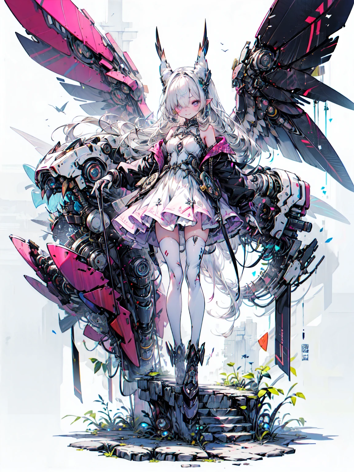 (masterpiece,  top quality),  ultra detailed ,  Anime Style ,  a full-bodied cyberpunk knight girl holding an ice sword,  Digital Painting ,  blue and silver hair and black and silver eyes , I have an ice sword,  Flying Diamond Powder ,  wearing high-heeled boots ,   Digital Painting , 8k high resolution, trending art station,  white background , whole body, owl wings , Blake、（ Dark Elf), ( 1 girl), Alone,  perfect face, Get used to it,  , (( long hair:1.2)), (Hair on one eye:1.3), [[ messy hair]], Shiny blonde white hair, purple eyes, Multicolored eyes,  colorful hair, 輝く瞳, ( eyelash ,  Eye Shadow , pink  Eye Shadow ),  bright , smile,  design art by Haruhiko Mikimoto, Kawasaki, by Yoshitaka Amano