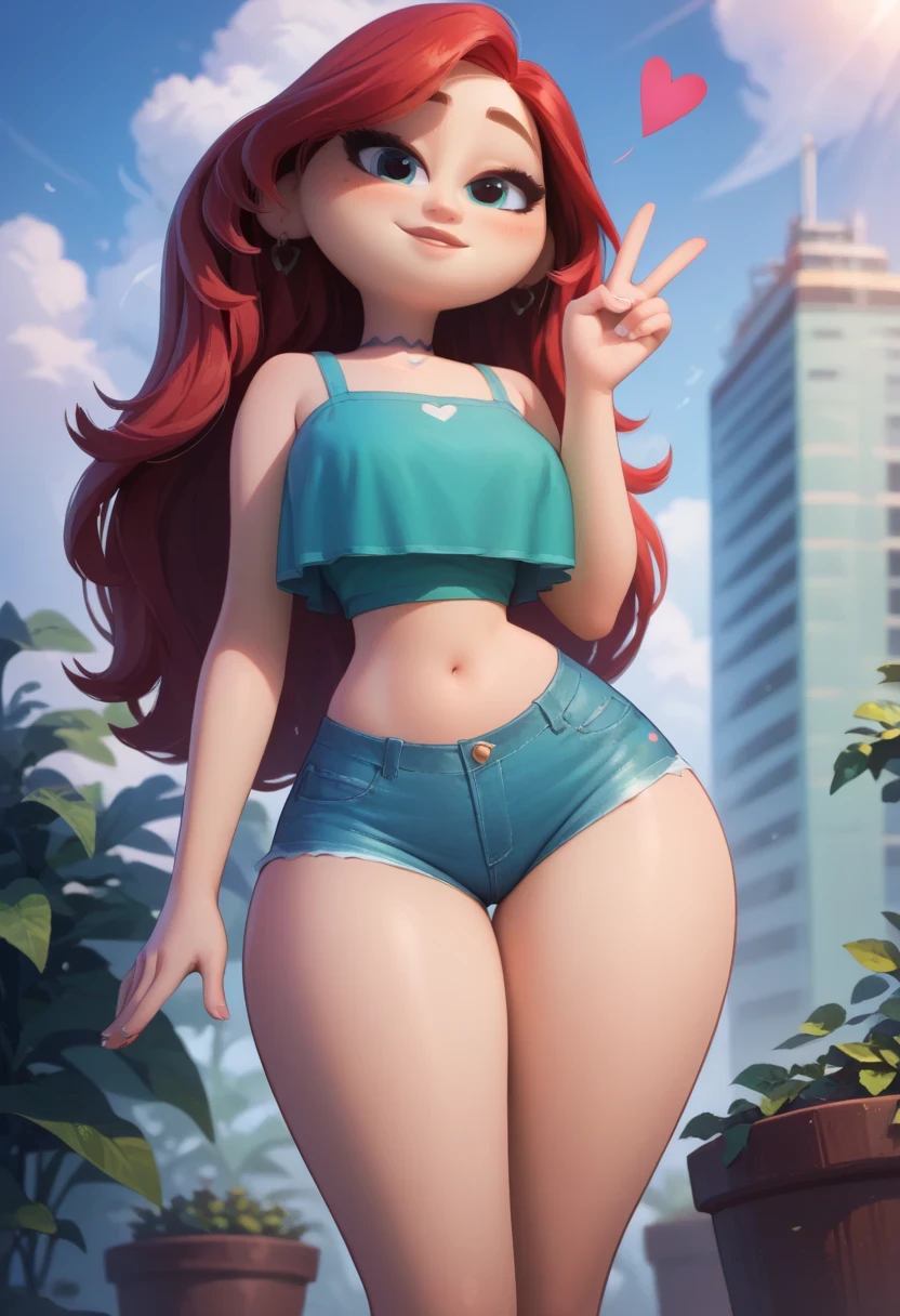 Chelsea, 1 girl, standing alone, jewerly, long hair, Red hair, aretes, ssmile, heart sign with fingers, looking ahead at viewer, eyes black, green regatta, tight denim shorts, ((whole body)), bare thighs, curves, nice legs, front, pose, best qualityer, no flaws