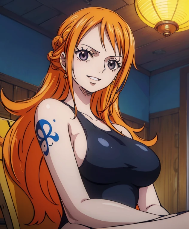  ( top quality, 4K, 8k,  high definition , masterpiece:1.2),  super detailed, ( realistic , photo realistic , photo- realistic :1.37) ,Generate a realistic anime style for Nami in ONE PIECE , must be drawn in anime style , girl with very pale orange yellow hair ,Chignon, braids , Dominant Smile , embarrassed expression,(Left shoulder tattoo), Big Breasts ,(Black swimsuit),Exposing your belly,Enjoy a vacation in paradise , beach chair, palm trees,sea,Tropical Fruits,アートスタイルはCharmingなアニメスタイルに似ている.  rendering. For enhanced visual effect, Add HDR, 超 high definition ,  Studio Lighting , Fine painting,  sharp concentration, 物理ベース rendering,  detailed description ,  professional,  bright color, ボケはなく安定拡散 professionalンプトを、Please enter as is, Generate realistic anime style for Nami in One Piece ,((( top quality))), (( super detailed)),((masterpiece:1.5)),  detailed pictures, smile,  sexy, ( top quality: 1.4), ( One Girl ),  beautiful face, ( orange hair,  long hair: 1.3), Beautiful hairstyle, Beautiful details of the eyes, ( realistic な肌),  Beautiful skin, beautiful lips, absurd, Charming, 超 high definition ,  high image quality, (Sexually excited:1.5), cinematic lighting:1.2, Sunshine Spot:1.3,Perfect means, perfect limb,Perfect means