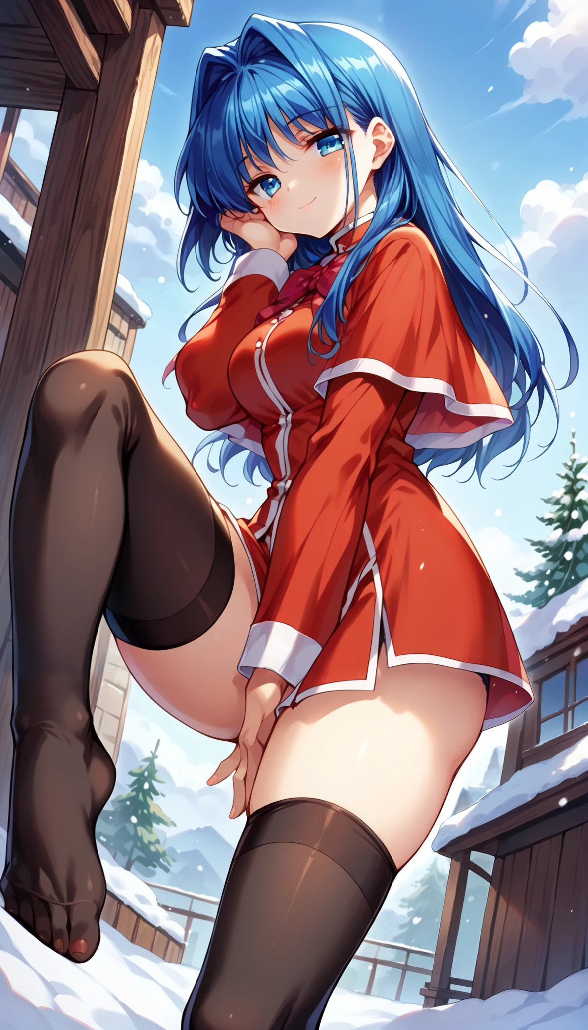 score 9, score 8 up, game cg, 1girl, masterpiece, solo, standing, bedroom, snow, cloud, outside, 
minase nayuki, medium breasts, blue hair, blue eyes, kanon uniform, red uniform with white capelet, black stockings, zettai ryouiki, black panty,
sleepy eyes, light smile, toe, feet, looking at viewer, low-angle view, from side, leg up, focus on legs, foreshortening, pov, dutch angle, hand in hair, 