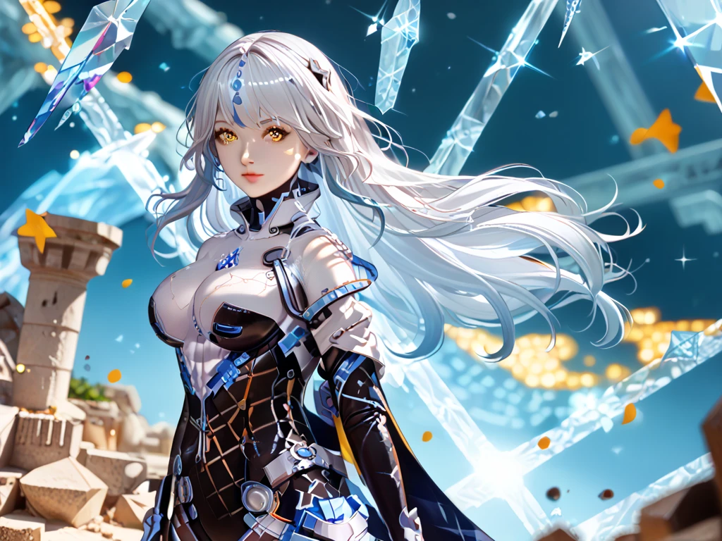 ,bodysuit,  bestla, wuxian, futuristic clothes, 1girl, breasts, long hair, yellow eyes,white hair,blue highlights, gloves, lifu, aiyi, official alternate costume, 1girl, breasts, thighhighs, gloves, bodysuite, elbow gloves,white thighhighs,crystal, eye focus, gem,sparkle, star \(symbol\),  bestla, ruins, ,(EyesHD:1.2),(masterpiece),(best quality),(ultra-detailed),(very aesthetic),(sharp focus),(depth of field),(vibrant colors),(ray tracing),(best lighting),(detailed illustration),(detailed background),8k,(cinematic),(beautiful face),(beautiful eyes),close-up,crystal, eye focus, gem,sparkle, star \(symbol\), ,(EyesHD:1.2),(masterpiece),(best quality),(ultra-detailed),(very aesthetic),(sharp focus),(depth of field),(vibrant colors),(ray tracing),(best lighting),(detailed illustration),(detailed background),8k,(cinematic),(beautiful face),(beautiful eyes),lyfe