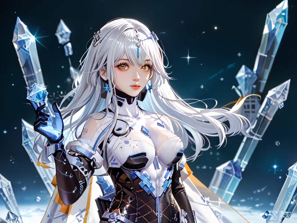 ,bodysuit,  bestla, wuxian, futuristic clothes, 1girl, breasts, long hair, yellow eyes,white hair,blue highlights, gloves, lifu, aiyi, official alternate costume, 1girl, breasts, thighhighs, gloves, bodysuite, elbow gloves,white thighhighs,crystal, eye focus, gem,sparkle, star \(symbol\),  bestla, ruins, ,(EyesHD:1.2),(masterpiece),(best quality),(ultra-detailed),(very aesthetic),(sharp focus),(depth of field),(vibrant colors),(ray tracing),(best lighting),(detailed illustration),(detailed background),8k,(cinematic),(beautiful face),(beautiful eyes),close-up,crystal, eye focus, gem,sparkle, star \(symbol\), ,(EyesHD:1.2),(masterpiece),(best quality),(ultra-detailed),(very aesthetic),(sharp focus),(depth of field),(vibrant colors),(ray tracing),(best lighting),(detailed illustration),(detailed background),8k,(cinematic),(beautiful face),(beautiful eyes),lyfe