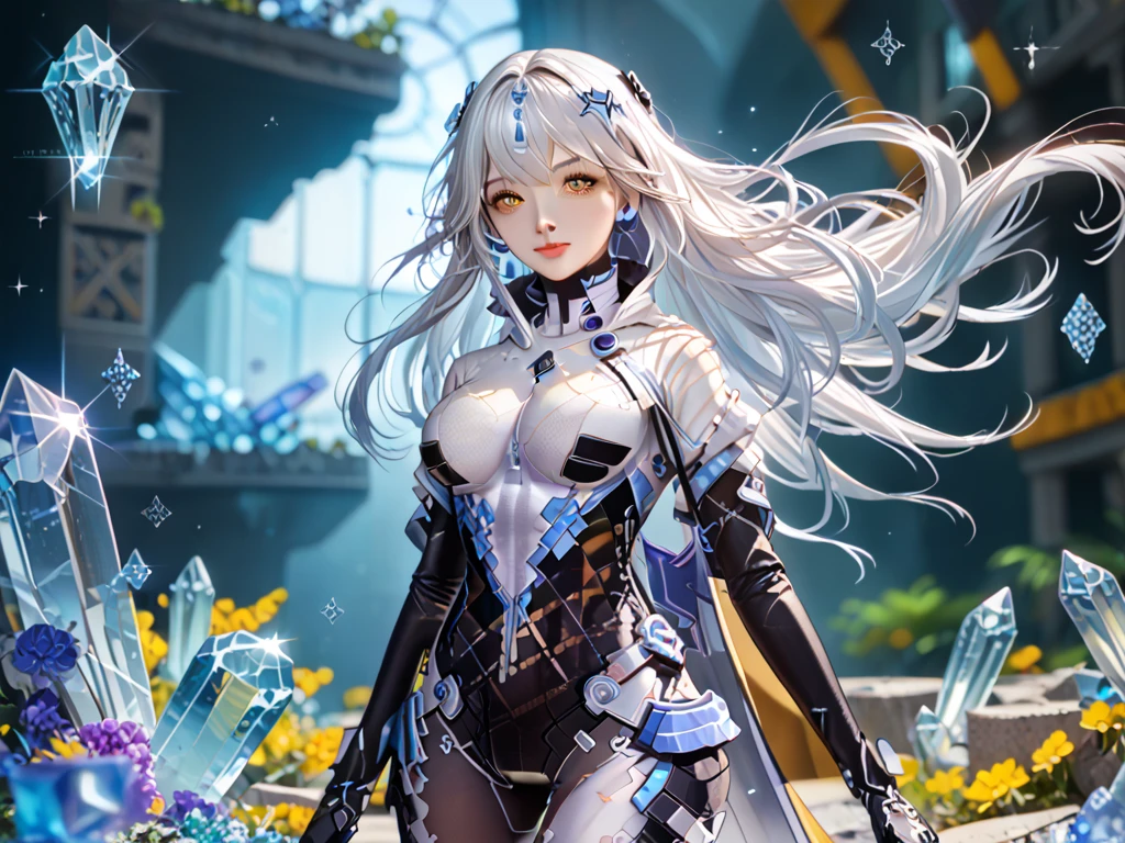 ,bodysuit,  bestla, wuxian, futuristic clothes, 1girl, breasts, long hair, yellow eyes,white hair,blue highlights, gloves, lifu, aiyi, official alternate costume, 1girl, breasts, thighhighs, gloves, bodysuite, elbow gloves,white thighhighs,crystal, eye focus, gem,sparkle, star \(symbol\),  bestla, ruins, ,(EyesHD:1.2),(masterpiece),(best quality),(ultra-detailed),(very aesthetic),(sharp focus),(depth of field),(vibrant colors),(ray tracing),(best lighting),(detailed illustration),(detailed background),8k,(cinematic),(beautiful face),(beautiful eyes),close-up,crystal, eye focus, gem,sparkle, star \(symbol\), ,(EyesHD:1.2),(masterpiece),(best quality),(ultra-detailed),(very aesthetic),(sharp focus),(depth of field),(vibrant colors),(ray tracing),(best lighting),(detailed illustration),(detailed background),8k,(cinematic),(beautiful face),(beautiful eyes),lyfe