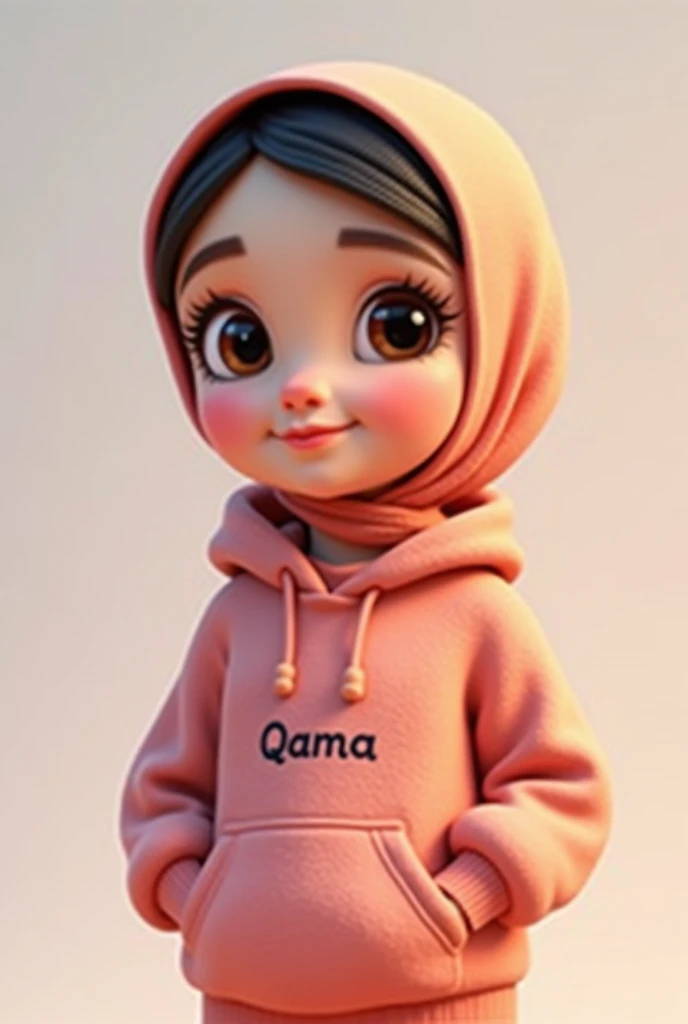 Create an 4D realistic animated character named [Darjo], designed to be the iconic mascot for Sidoarjo, in the style of cartoon pixar movie animation. [Darjo] is a 40 yo charming cute shrimp with a unique twist —he has human-like arms and legs. His large, round brown eyes are full of energy and friendliness, inviting everyone to engage with him. Darjo wears  full hijab, and a light green muslim Long sleeve T-shirt with the name "MAMA DARJO" proudly displayed across the chest, His feet are clad in bright red canvas sandals, adding a playful and youthful vibe to his appearance.  The overall design should exude warmth, approachability, and a sense of pride in representing the vibrant city of Sidoarjo. A cheerful cartoon Darjo character with pose  stands in a dynamic pose, make the character's hands clasped to indicate appreciation and respect for the audience. smile with the upper teeth only slightly visible. while its legs are clad in long red culottes and red sneakers. The background is a soft turquoise, enhancing the lively and playful vibe of the character.
