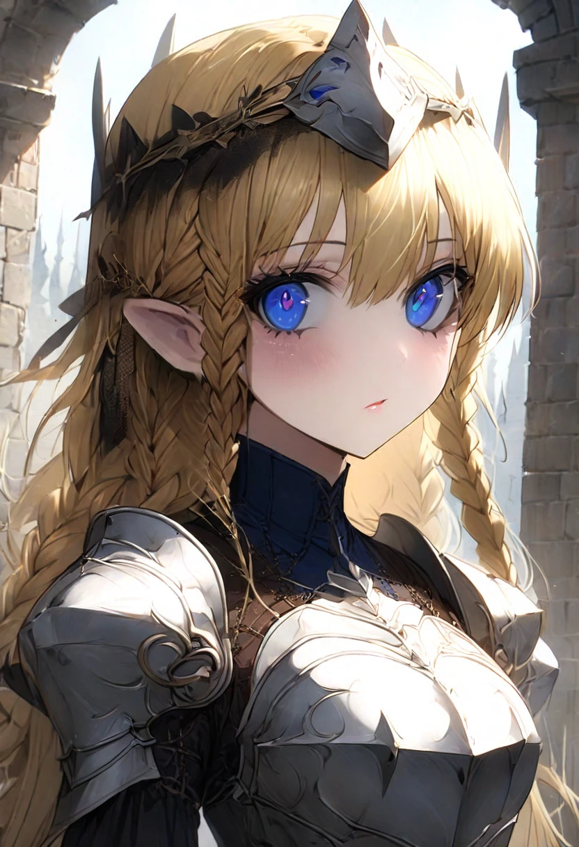 18-19 year old anime woman. Oval women face. Gorgeous, blonde and other color hair, gorgeous blue eyes, white sclera, incredible pupil, knight's armor, large lance in the back, medieval theme, perfect body, average chest,straight hair with a braid on the head that makes a crown