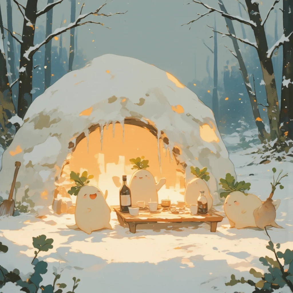 A whimsical winter scene featuring a completed kamakura (traditional Japanese igloo) made of snow, glowing warmly from the inside, surrounded by a serene snowy landscape with a light snowfall. In the foreground, three anthropomorphic daikon (radish characters) are inside the kamakura, sitting around a small wooden table and enjoying sake together. Each daikon holds a tiny sake cup, while a bottle of sake and plates of snacks rest on the table. One daikon raises its cup in a cheerful toast, another leans back laughing, and the third sits calmly, sipping its sake. The soft orange glow of the interior creates a cozy contrast against the cold white snow outside. Outside the kamakura, footprints and small wooden shovels hint at the daikon characters' hard work. The surrounding forest, with tall trees dusted in snow, frames the scene, adding depth and a sense of tranquility. Snowflakes gently fall, and icicles hang from the edge of the kamakura's entrance, completing the magical and heartwarming atmosphere.