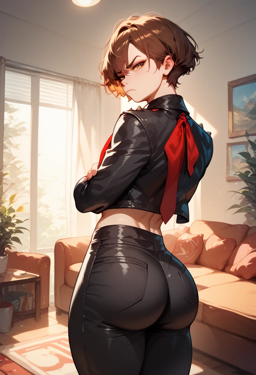 Femboy, short brown hair, big butt, black jacket, red tie, black pants, annoyed, crossed arms, looking at user, front look, in living room, solo