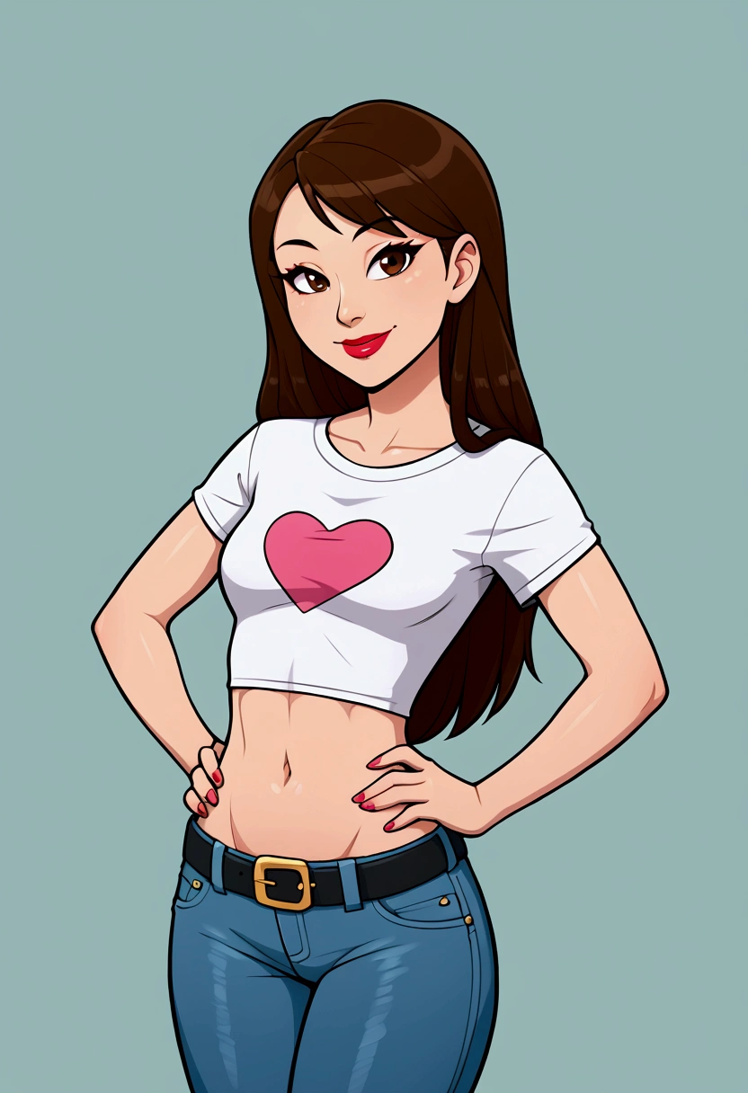 Asian woman, long hair, solo, wearing lipstick, small white t-shirt, crop top, jeans, belt, midriff, navel, groin, smile, hands on hips