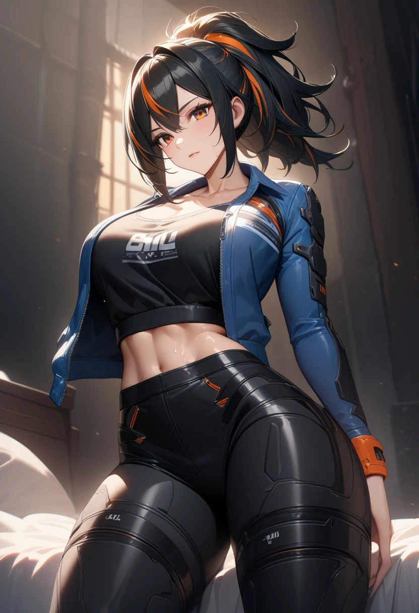 masterpiece,best quality,high resolution,8k,ultra HD,wallpaper,illustration,perfect face,cowboy shot,beautiful detailed eyes,extremely detailed face,perfect lighting,extremely detailed CG,perfect anatomy,perfect body,perfect hands,perfect fingers,1woman,full body,,muscle fighter body,(black long ponytail hair with orange mesh lines hair:1.2),orange eyes,large breasts,Medium ass,, (blue open jacket),black short hot pants,,clothed,,collarbone,,looking at viewer,(),Steam,sweat, on the bed,(Zenless Zone Zero character Zhu Yuan),adult,