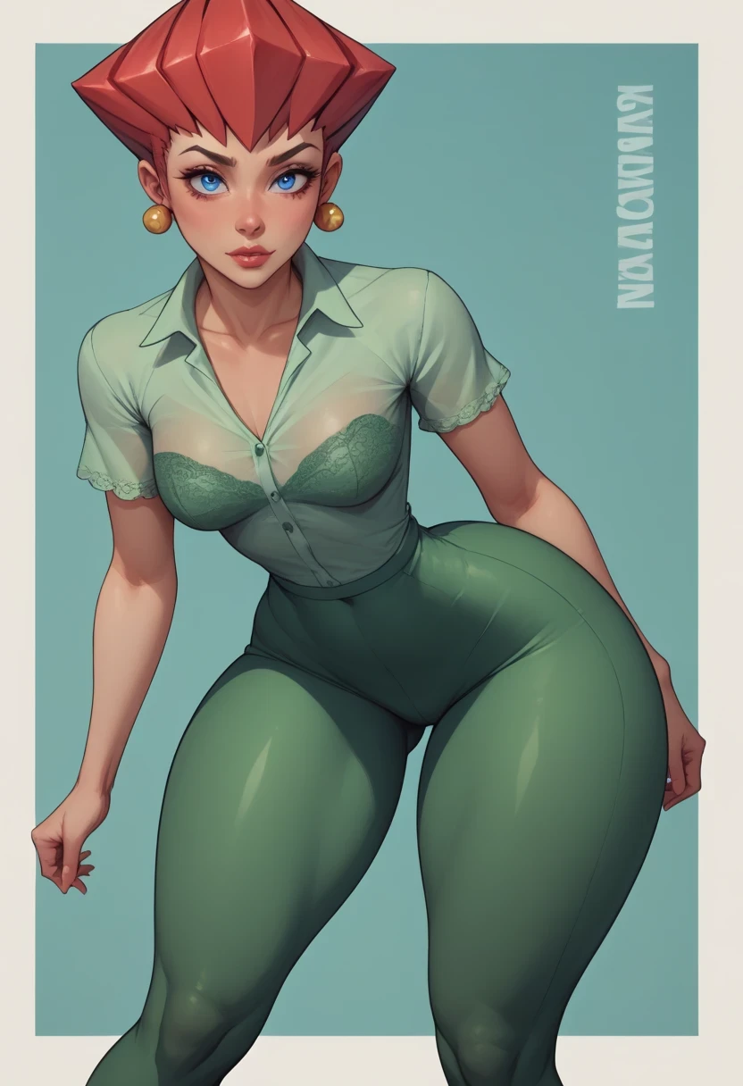 score_9, score_8_up, score_7_up, BREAK, 1girl, solo, small saggy breasts. huge hips. dextersmom, makeup, jewelry, portrait, mature female, simple background, thick thighs, wide hips, big ass, showing buttcrack slightly, showing big butt, bend over, (((greenlace shirt))),(((blue pantalon ))),(((green stockings))). bar.