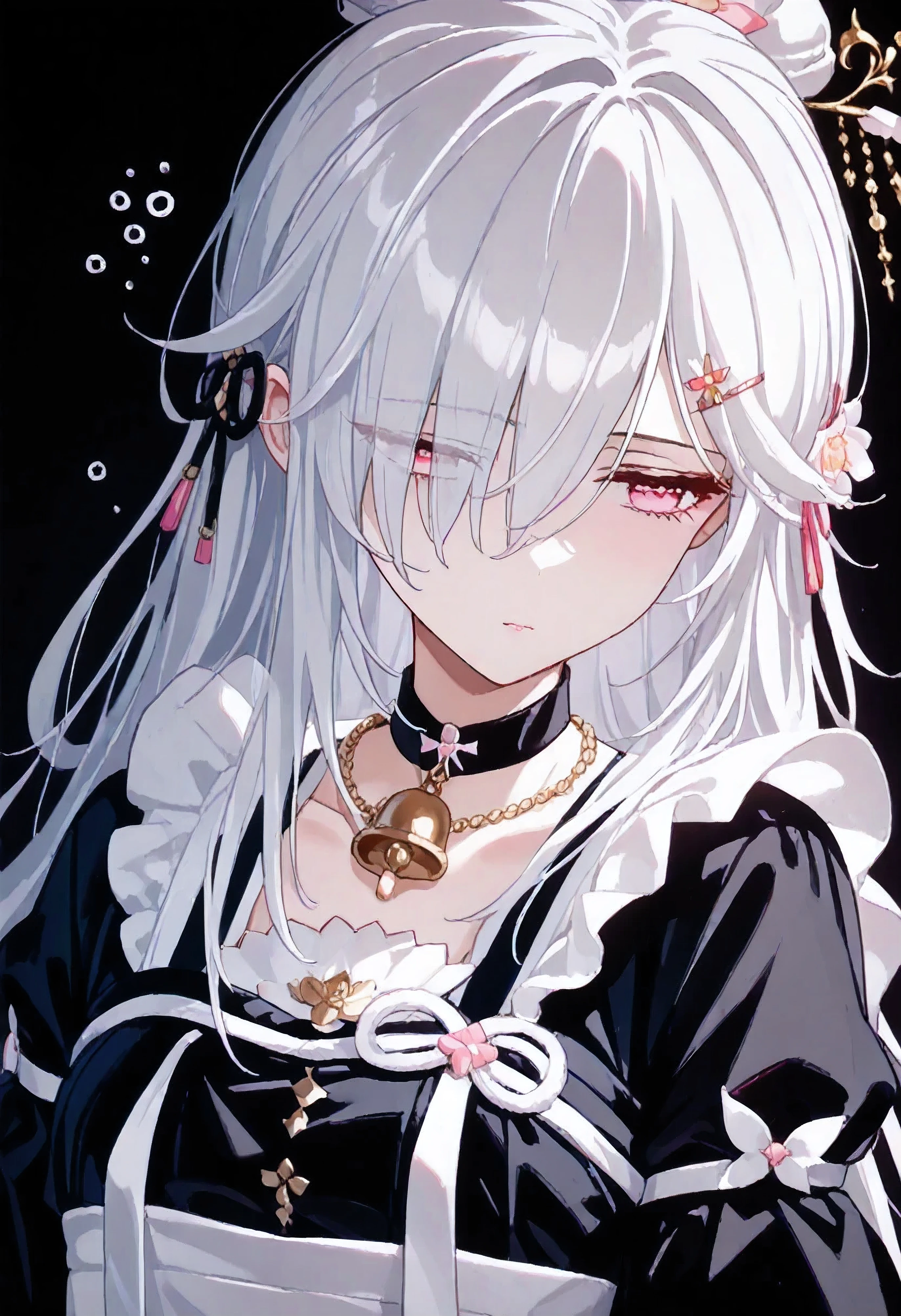 UN\(EOE\),one girl,solo,best quality, masterpiece,score_9, score_8_up, score_7_up, score_6_up, score_5_up, score_4_up ,,break,1girl,(dark background), (shaded Lighting),,break, incredibly_absurdres, ,very high resolution, very aesthetic,by famous artist, 8k, 16k,,beauty illustration,photoshop_(small),,(pink eyes:1.2),(white hair|Detailed hair|long hair|hairpin|hair tidy up|knot top),(white maid dress,neck bell,white mask),(sleepy, depressed,emotionless,jitome),dilated pupils, empty eyes,one mole under eye,hair over one eye,intense angle, f/16, Canon,upper body
