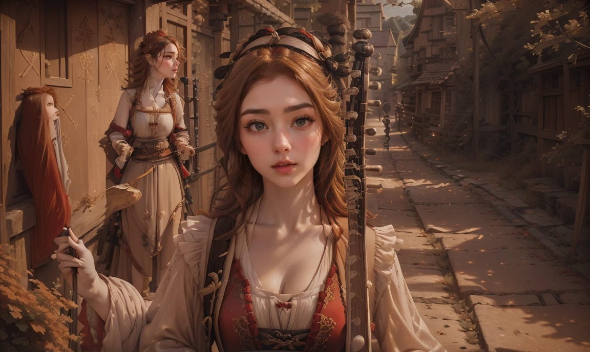 fantasy, realistic. close up. ((red-haired:1.5)), ((one classy stunning gorgeous female high-class bard:1.5)), ((light brown eyes:1.5)), happy smiling pretty, wearing expensive feminine clothing, carrying a lyre, ((looking straight ahead at the camera:1.5)), colorful village background.