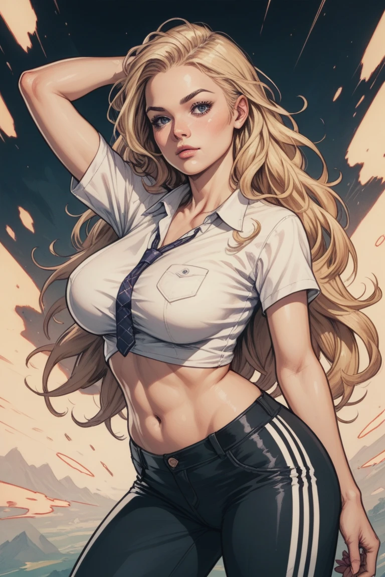 woman, with long blonde hair, six packs under her clothes, and a detailed background, every detail is rendered in superb detail, perfect composition, masterpiece, best quality, 8k, ultra-detailed, anime, correct anatomy, detailed face, correct eye anatomy, upper body, big breasts, long blonde hair, modern clothes , black eyes, wearing a shirt and pants