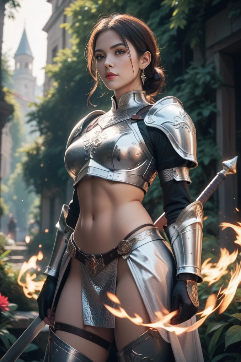 A female knight in silver armor standing up、Castle ruins、 platinum blonde hair、Hold a great sword、Hold a shield、Close-up