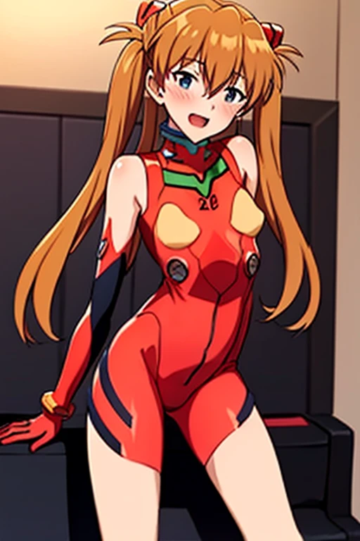 (( top quality)), ((masterpiece)), (be familiar with),  perfect face, indoor, bedroom, looking at the viewer,
One woman,  Soryu Asuka Langley ,
 open mouth,  ecstatic expression beside the piano, blush, smile,
 small tits,  flat chested, Young girl, Lori,  s,  girl,
 long hair,  twin tails,
Leg spread,