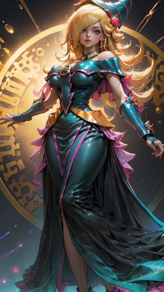 Full body portrait of one extremely beautiful blonde young woman, perfection, tall, huge breasts, impressive cleavage, powerful, determined, confident, powerful sorceress walking down stairs, charismatic badass, omnipotent, very sensual, very sexy, wearing a sophisticated noble sexy black dress, in a medieval fantasy setting, rich magical academy hall, masterpiece, dynamic intense lighting, epic shot, highly detailed, eloquent shot, large shot, surrounded by purple magic intense energy