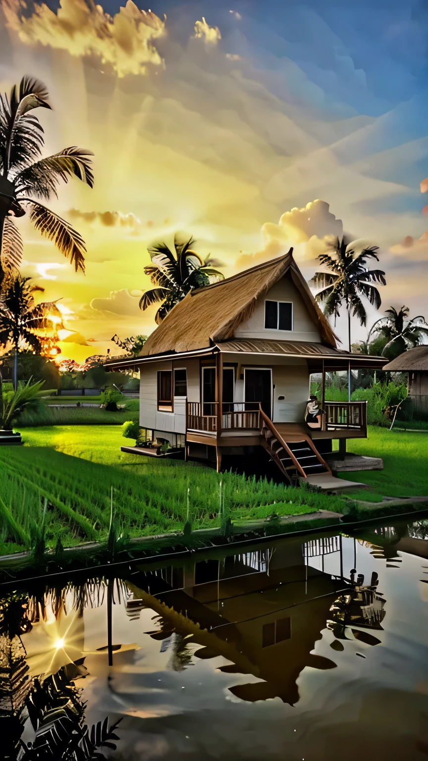 outdoortropicalhouse  little house  on riverside, garden, rice field, gold fish, coconut tree, dawn, chicken, tomato, tropical, dim light, 