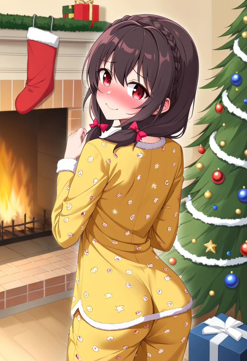 yunyun、masterpiece, top quality,  high definition ,(One person), Yunyun、  Crown Braid the same color as her hair,  black hair、 red eyes、 Hair Accessory , ( yellow pajamas with my shoulders out )、Pajamas with black shorts 、 big-breasted 、(blush)、( Christmas tree:1.2)、 is a woman who seems to be strong 、( embarrassed smile )、View the viewer、(Looking Back)、fireplace、 smiles