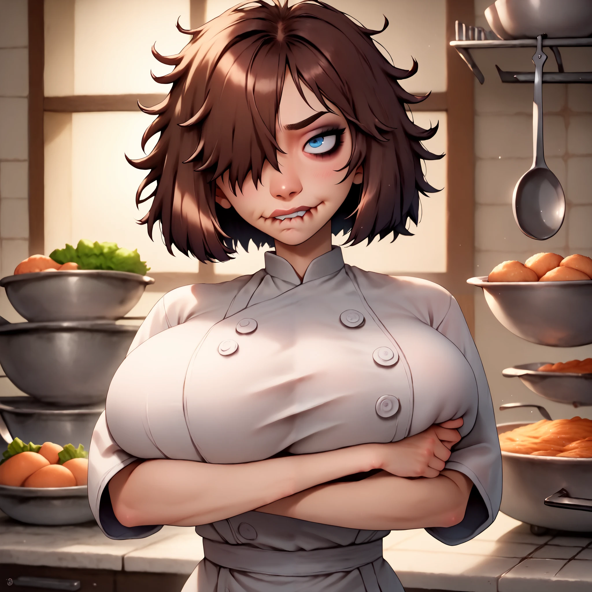 By wlop, one goth girl, (colettetatou bob cut, blue eyes, brown hair, chef), g4n1m3, ((horny, biting bottom lip, hair covering one eye, messy hair)), ((stretched clothes)) (in a kitchen) ((very breasts)) ((volumetric and specular lighting)), ((overstuffed)),  ((soft squishy huge covered breasts))