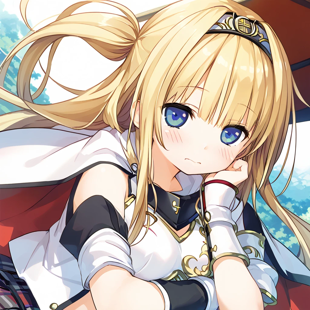 (Ashikaga Yoshiteru,),cute girl, detailed, score_7, score_8, score_9, Embarrassed face,, kantoku style, ashikaga_yoshiteru_(sengoku_otome), blonde hair, blue eyes, long hair, breasts, armor, midriff, black skirt, pleated skirt, skirt in plaid skirt,navel, hairband, cape, white bow, gauntlets,