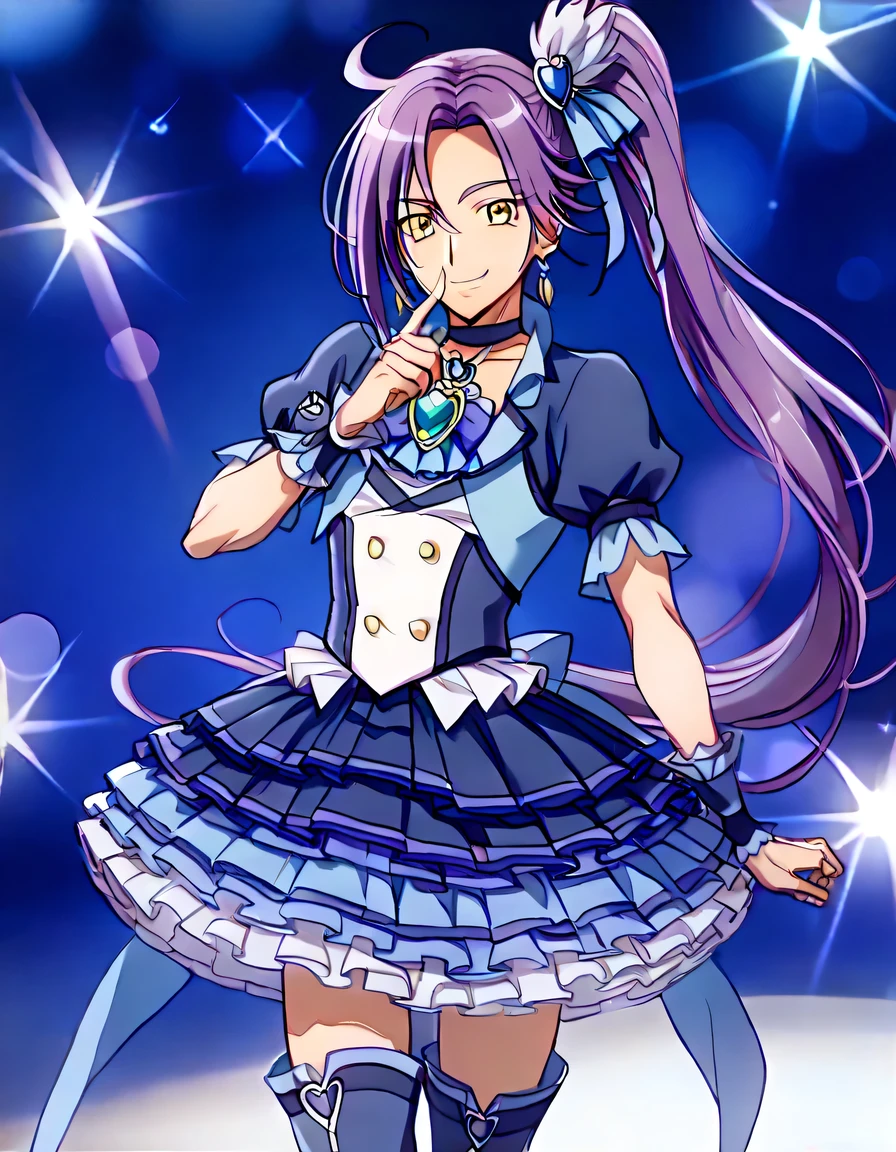 score 9 、score 8 up、score 7 up、source anime、masterpiece、最 High Quality 、 viewers who stop at the edge、 depth of field、 Standing 、 cowboy shot leading to the climax、1boy、Alone、 Detailed Background 、(male:1.6)、male focus、(male body:1.6)、cure beat、Purple Hair、side ponytail hair、high ponytai lhair、 very long hair、 split bangs 、 、Yellow Eyes、eyelash、 shiny hair、 hairpin、 hair ribbon、 earrings、 Blue Dress 、frilled dress、puffy short sleeves、frilled sleeves、 blue skirt with Yukikarou、frilled skirt、layered skirt、 miniskirt、petticoat、wrist cuffs、arm warmers、purple neckwear、Purple choker、brooch、blue legwear、blue thighhighs、blue footwear、knee boots、 high heels、1boy、Alone、 Look at the Viewers 、smile、Alone、 contrapost 、smile、 Look at the Viewers 、(cowboy shot:1.5)、 Closed Her Mouth 、Purple Background、 High Quality 、 blue background、 Look at the Viewers 、shy、smile、最 High Quality 、