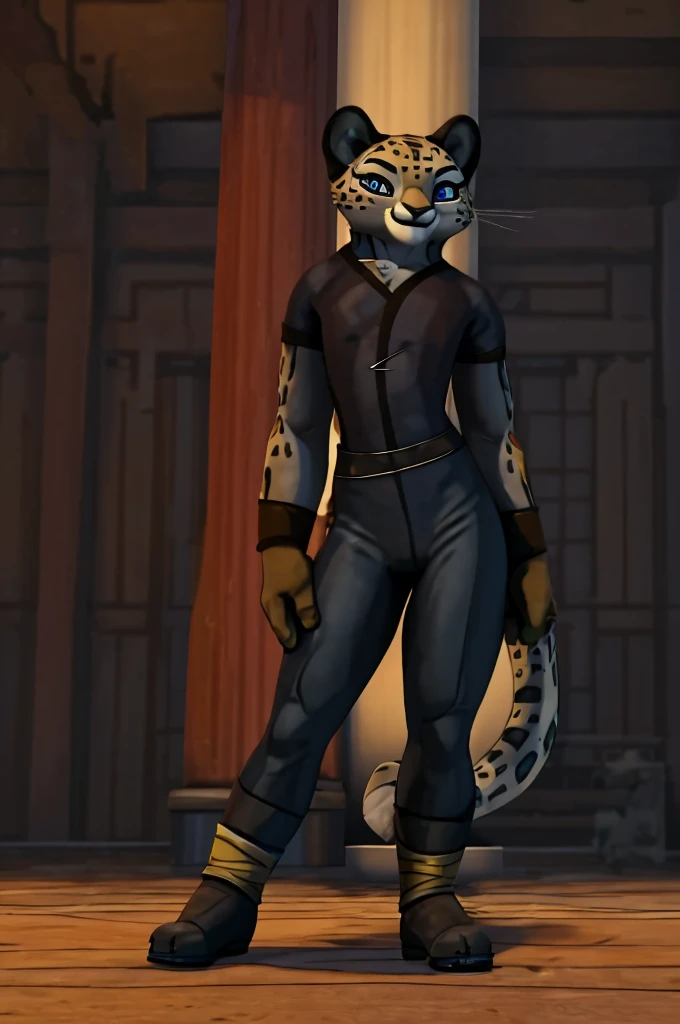 Lian, small, young,anthro, solo, female, tight black pants,gloves,brown gloves,blue eyes,sleeves,furry female, cheetah, animal nose, animal ears, whiskers,ankle bandages, smile, back view blank background, standing, big butt, cameltoe